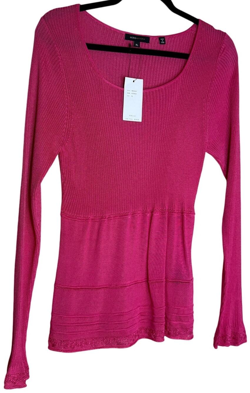 BCBGMAXAZRIA NWT Silk Blend Peplum Sweater XL Fuchsia Pink Ribbed Knit Top